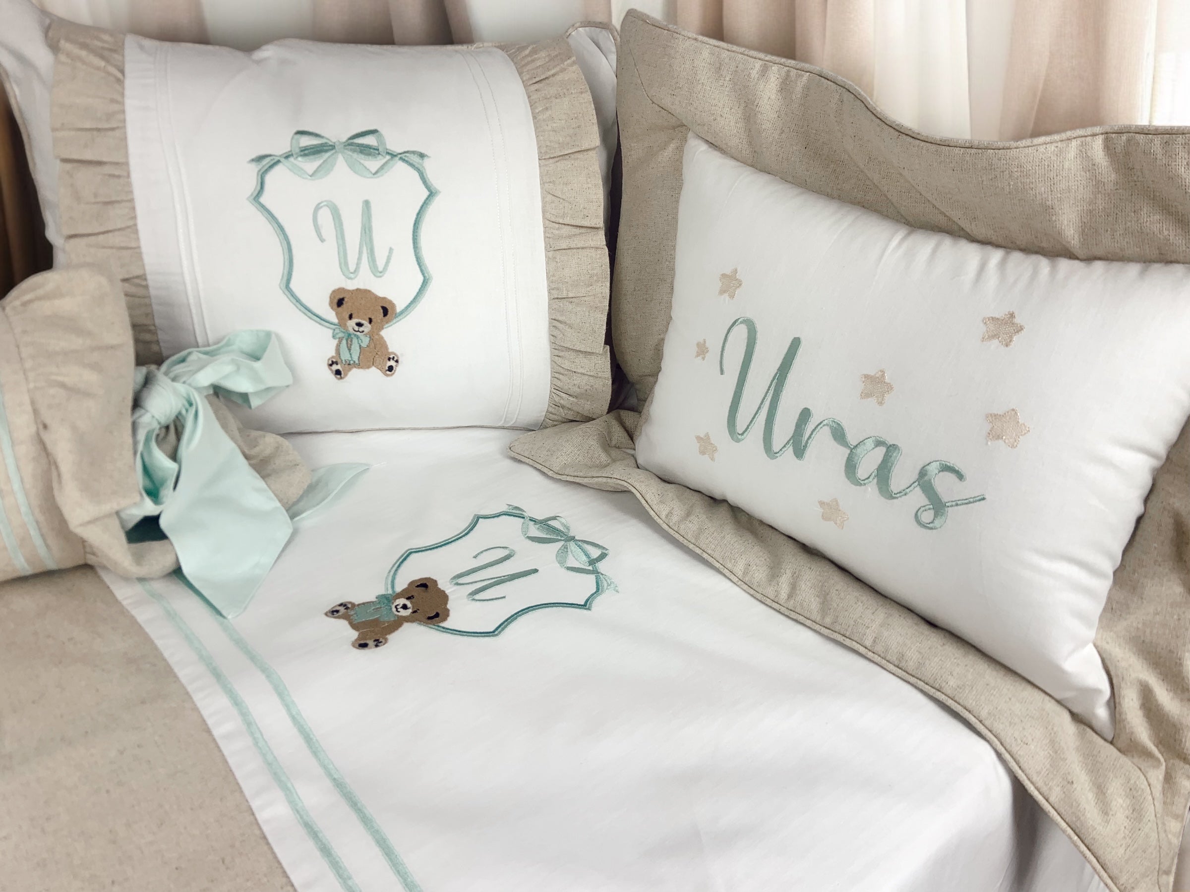 Luxury Cute Frame Bear Kişiye Özel Keten Pike Seti
