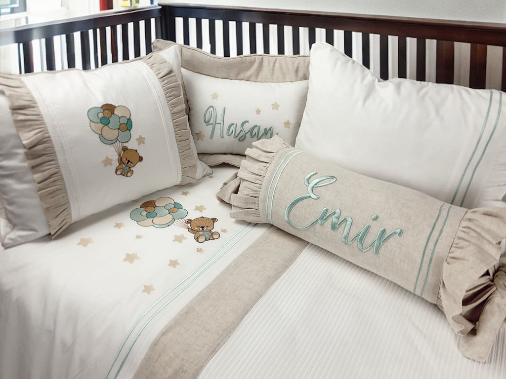 طقم مفروشات فاخر مبطن من الكتان بتصميم دب لطيف قابل للتخصيص