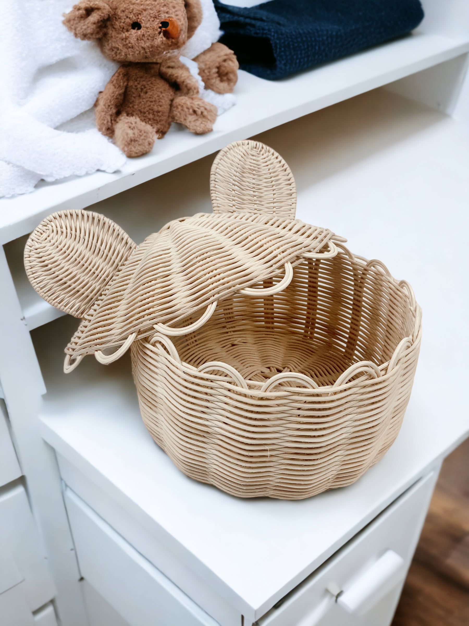 سلة على شكل أذن أرنب مع غطاء | صندوق تخزين من الخوص مصنوع يدويًا 