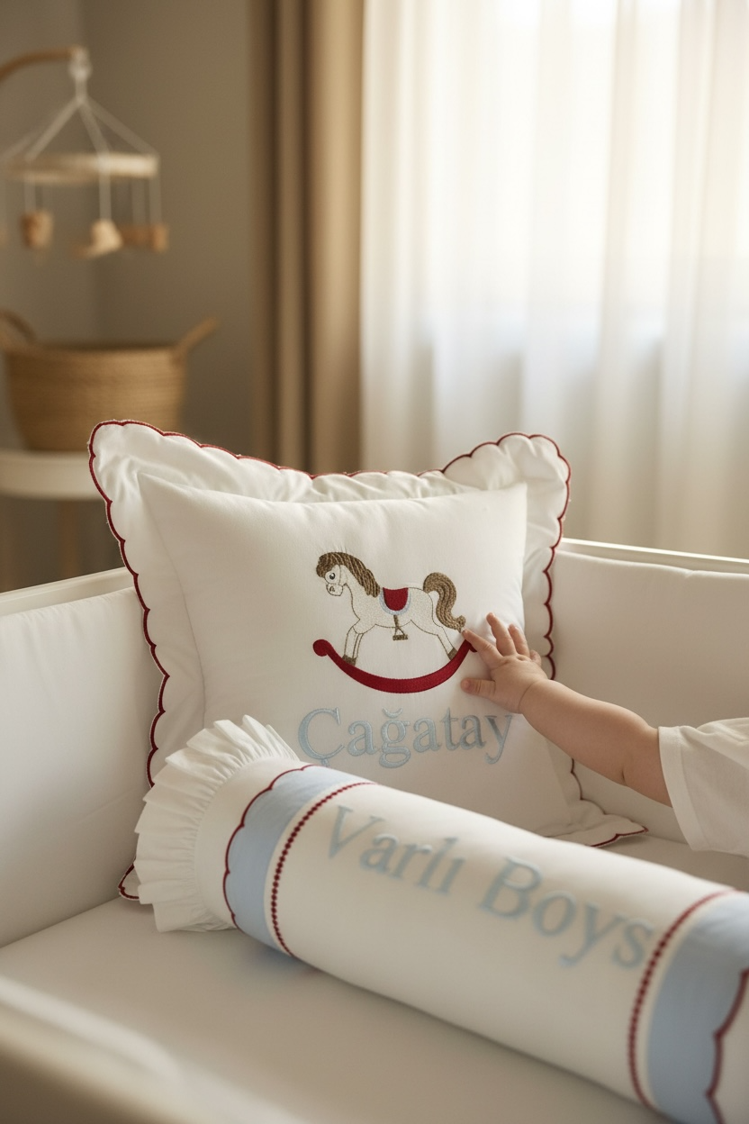 Kişiye Özel Nakışlı Pikolu Silindir Yastık | Bebek & Çocuk Odası Dekoru