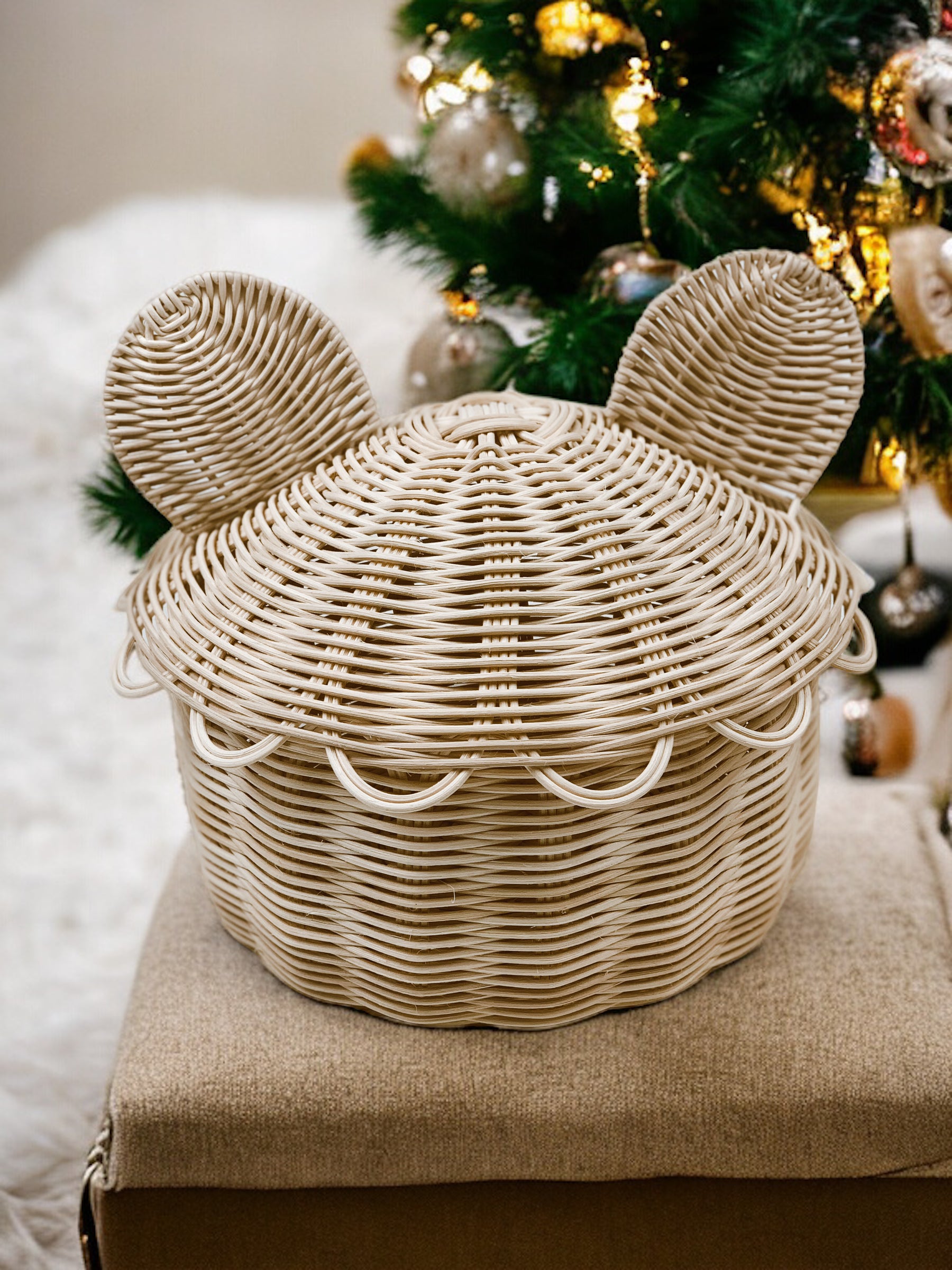 سلة على شكل أذن أرنب مع غطاء | صندوق تخزين من الخوص مصنوع يدويًا 